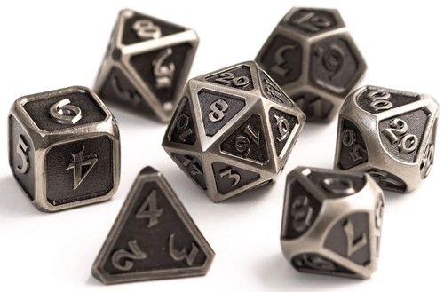 DHDM0100030 7pc RPG Dice Set: Mythica Battleworn Silver published by Die Hard Dice